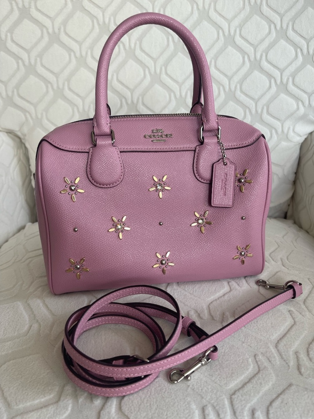 Coach Mini Benet Lilac Pink Tulip Floral crystal Stud Leather Satchel with Strap - Picture 6 of 10